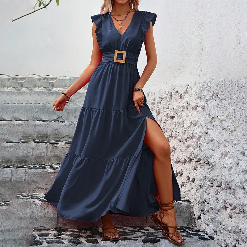 Women Solid Color Elegant V-Neck High Slit Long Skirt