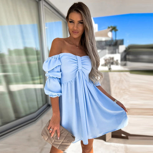 Solid Color Sexy Off-Shoulder Sleeve Short Dress